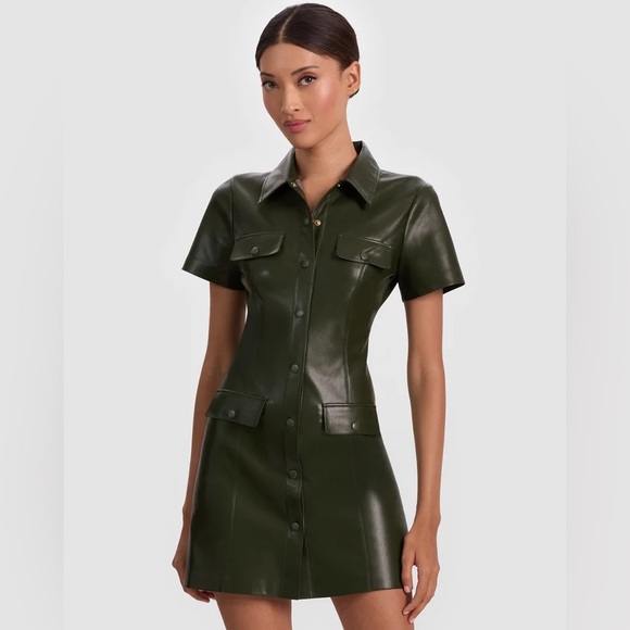Alice + Olivia Jamie Vegan Leather Mini Dress- Olive Green -  www.ice4pros.com.br
